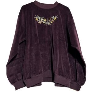 Vintage Boundary Line Velour Sweatshirt Fall Leaves USA Embroidered Crew Plum XL